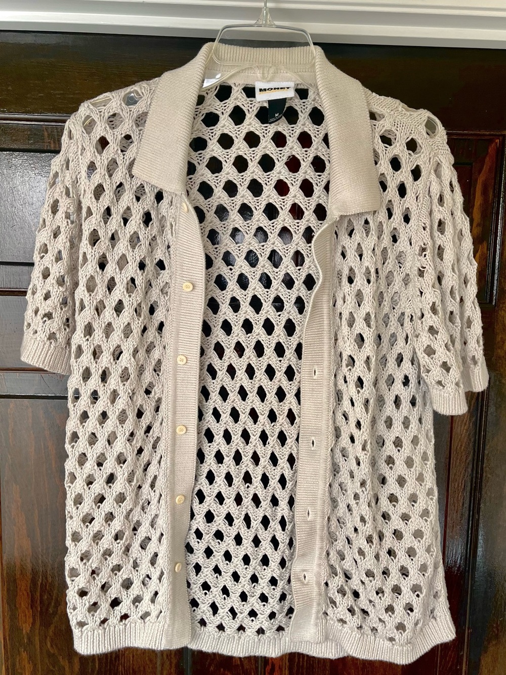 Off-White Crochet Short-Sleeve Button-Up Men’s Shirt, Open Knit Bohemian, Size M
